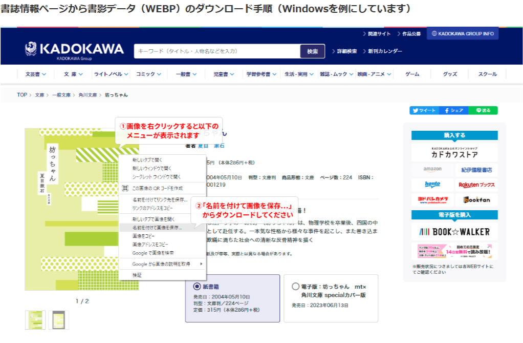 書誌情報ページから書士データ（WEBP）のダウンロード手順（Windowsを例にしています）